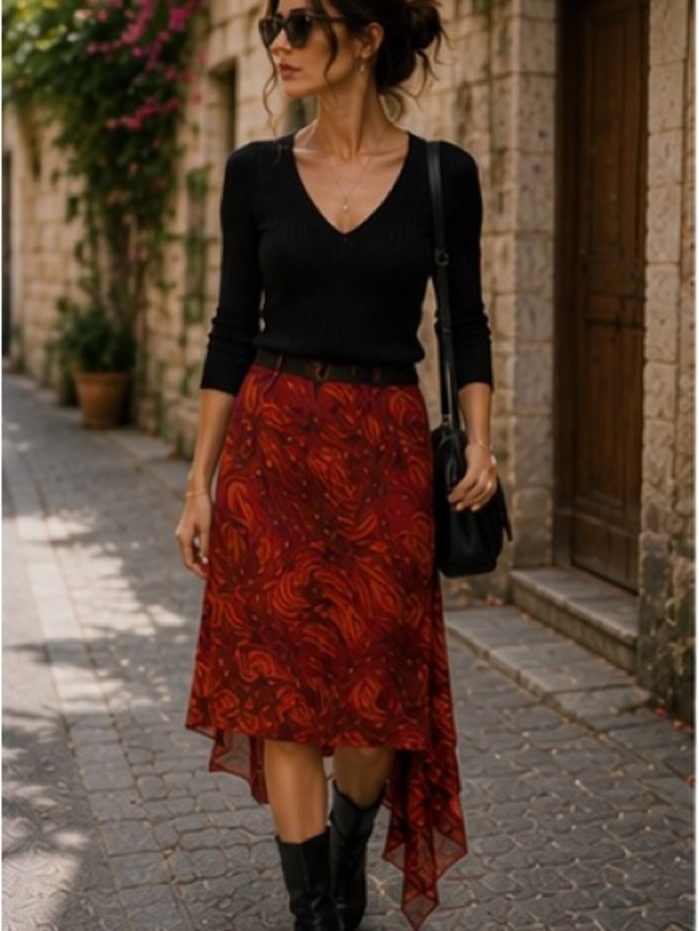 La Belle Vintage 90s Red Abstract Asymmetrical Midi Skirt Made USA Size 5